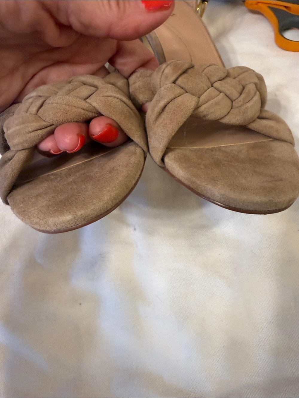 Cole Haan Women's Suede Braided Block Heel Sandals in Taupe 8B - Picture 2 of 6